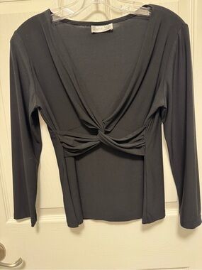 Black Knot-Front Long Sleeve Blouse